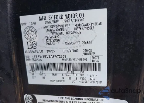 2010 Ford F-150 Fx4/Harley-Davidson/King Ranch/Lariat/Platinum/Xl/Xlt from USA, damaged, VIN 1FTFW1EV3AFA72859
